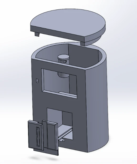 Exploded CAD view of the BREW enclosure with its lid raised above a cylindrical body