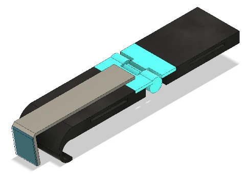 Angled CAD view of the CHORD orthosis with a turquoise hinge joining two dark supports