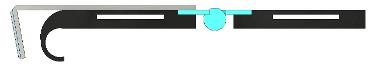 Side CAD view of the CHORD orthosis showing its hinge, supports, and hooked end