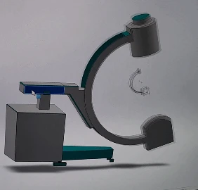 CAD view of the GRACE C-arm in an upright position with its base and support arm visible